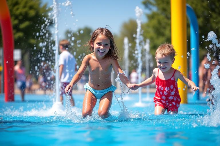 Children joyfully playing in a vibrant splash pad with water spraying